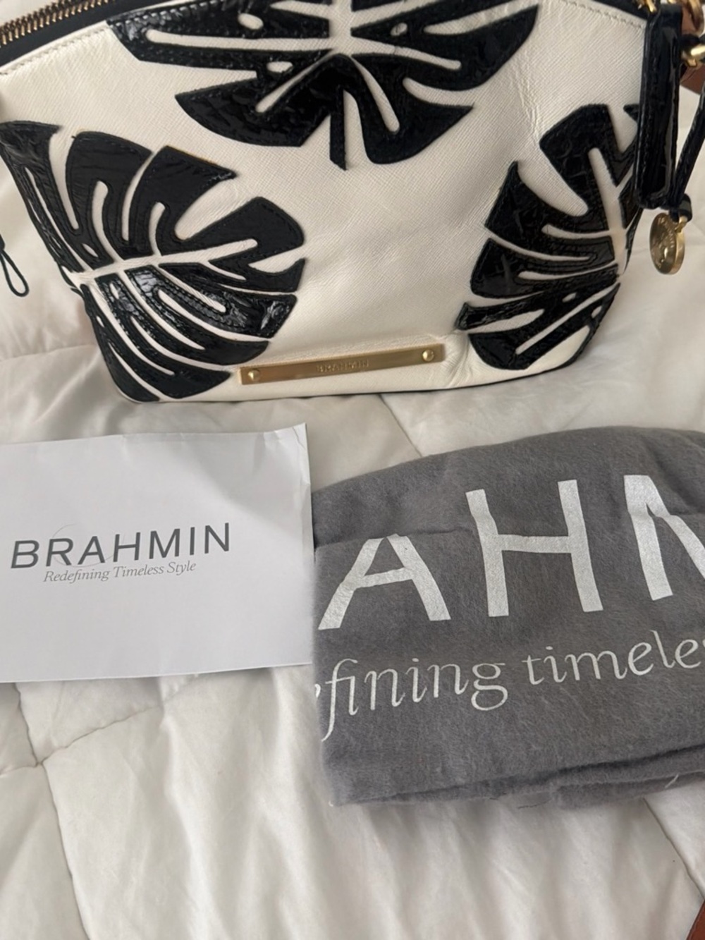 Brahmin Black on White Leaf-Print Cosmetic Pouch